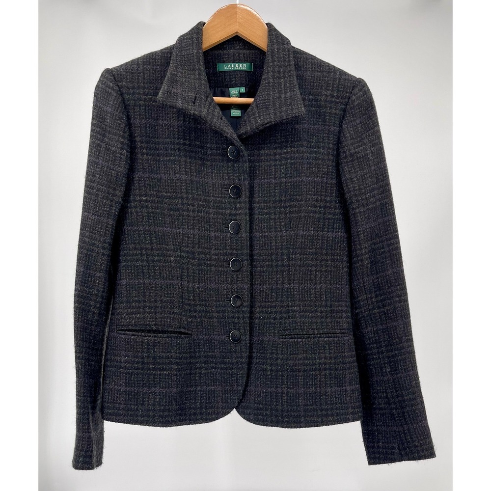 Lauren Ralph Lauren Blazer Womens 6 Gray Purple Plaid Virgin Wool Jacket